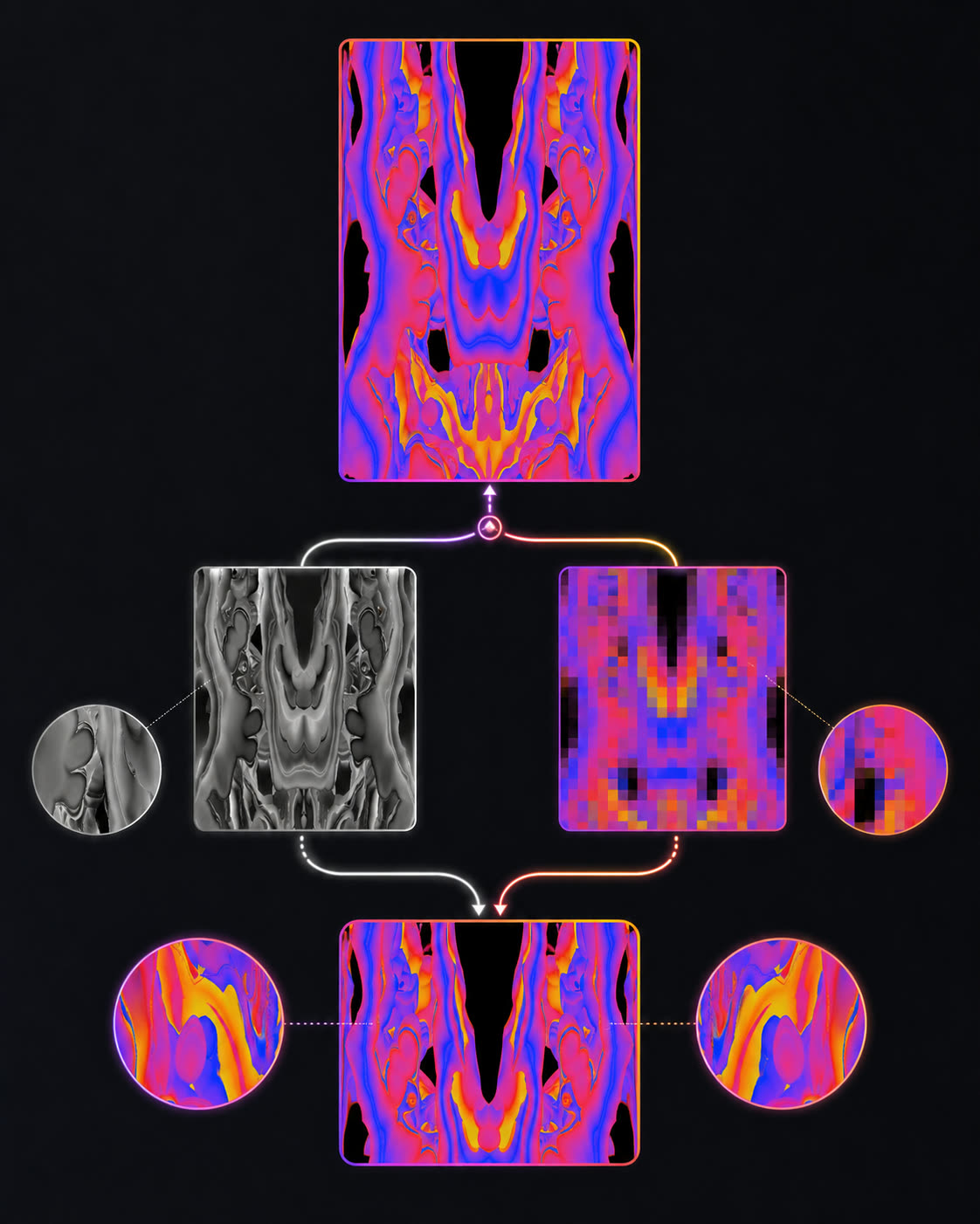 A frame split into a full-resolution grayscale brightness channel and a heavily pixelated color channel, then recombined into an image that still looks sharp.