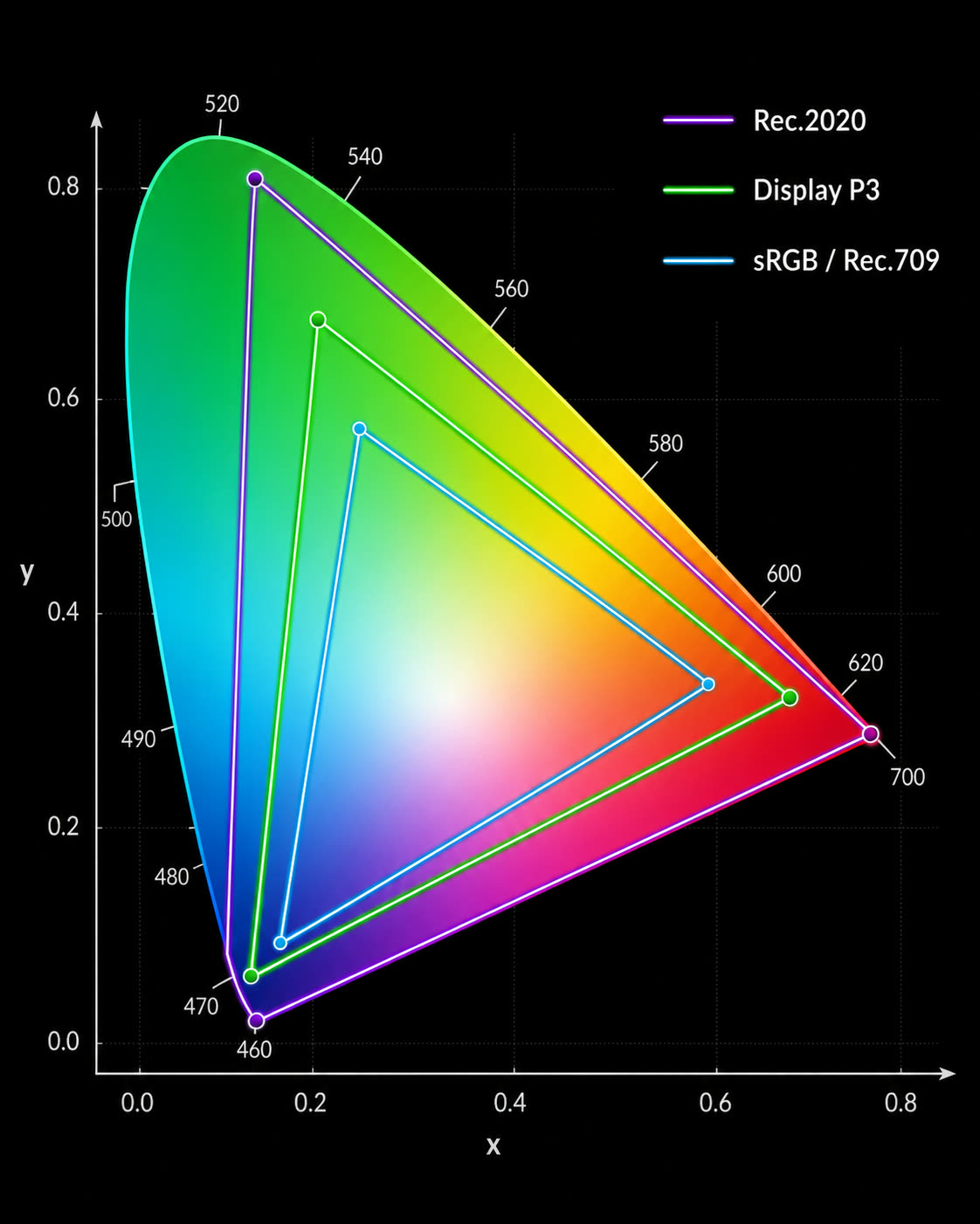 CIE chromaticity diagram with three nested triangles marking the sRGB / Rec.709, Display P3, and Rec.2020 gamuts.