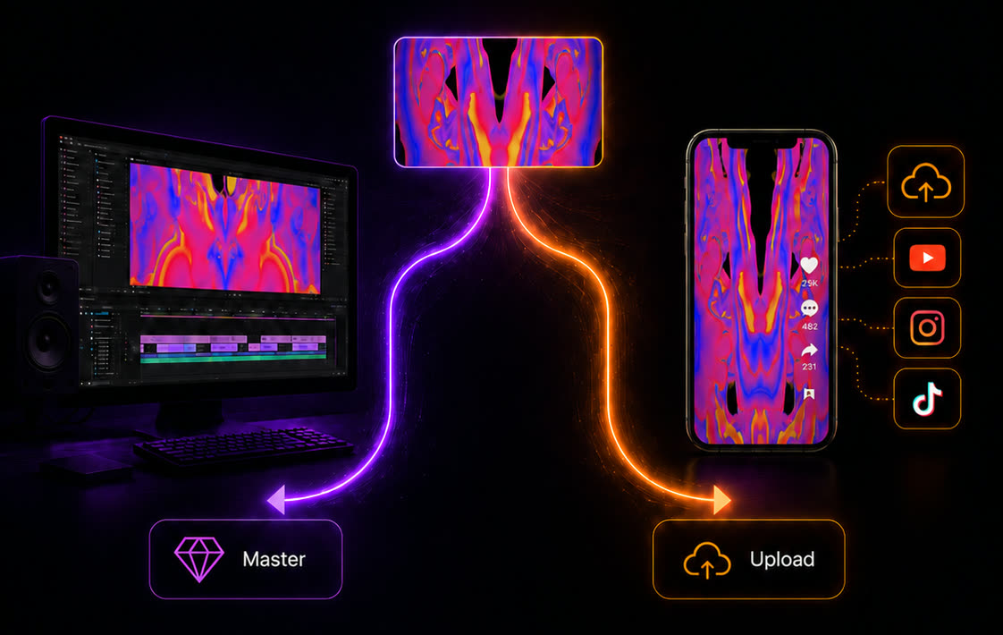 One recording splitting into two paths: a pristine ProRes master headed for an editing timeline, and a compressed HEVC file headed for social platforms.